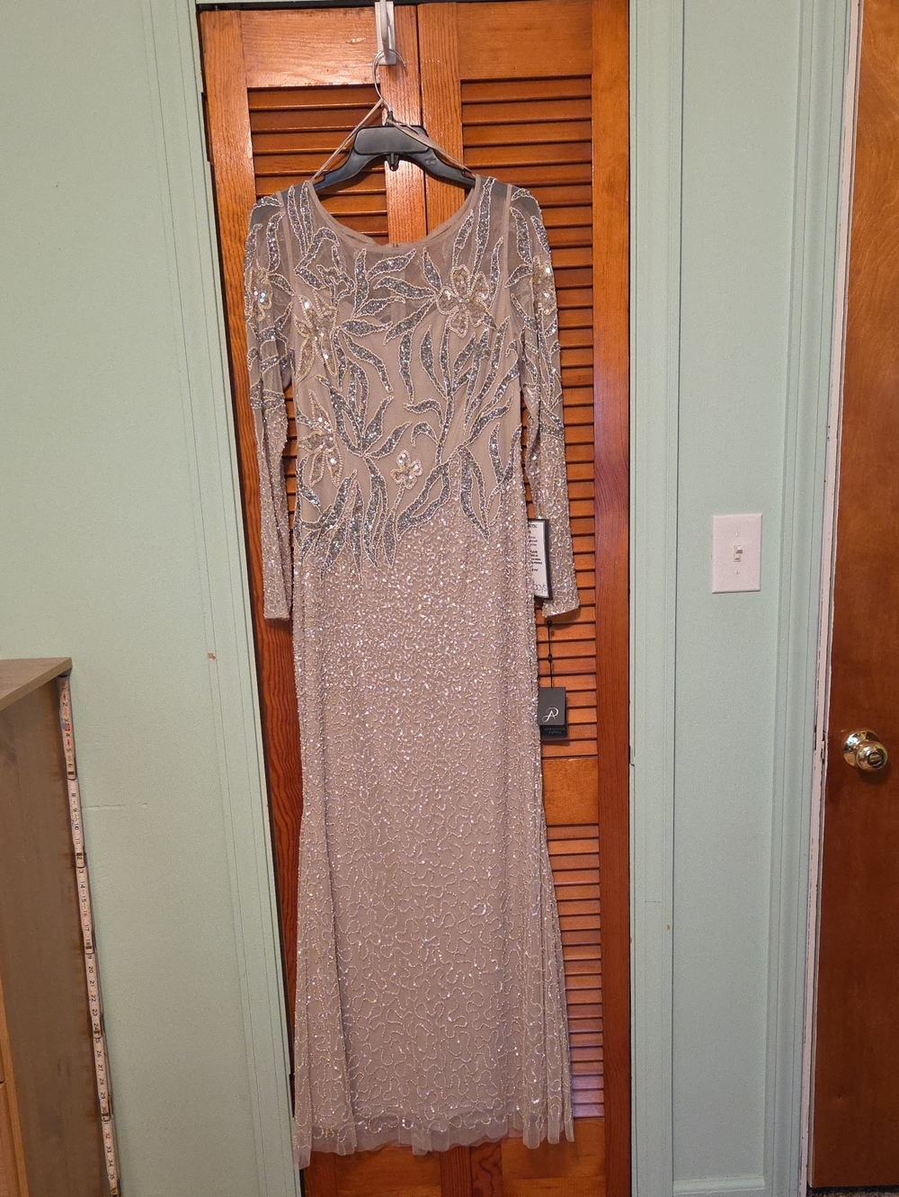 Adrianna Papell Sequin Beaded Long Dress in Biscotti